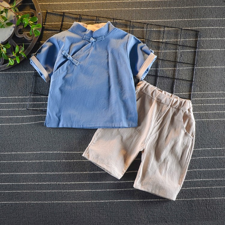 中夏季套裝國風漢服男童寶寶洋氣唐裝兩色1-3-4歲兒童棉麻藍色