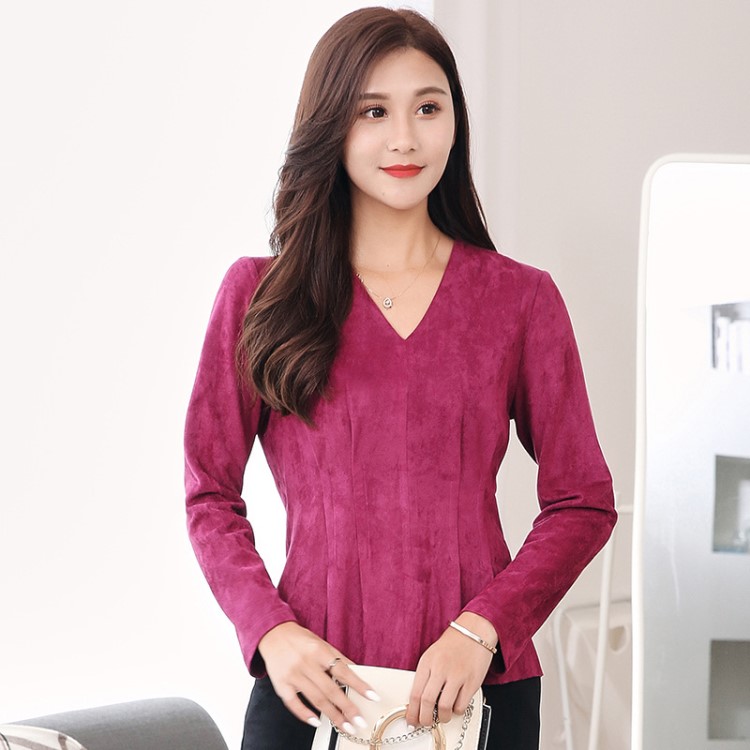 V領收腰打底衫2019秋季韓國東大門一件代發時尚女裝鹿皮絨上衣潮