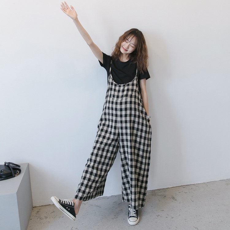 夏季孕妇装新款时尚韩版格子孕妇背带裤阔腿裤子宽松大码休闲潮妈