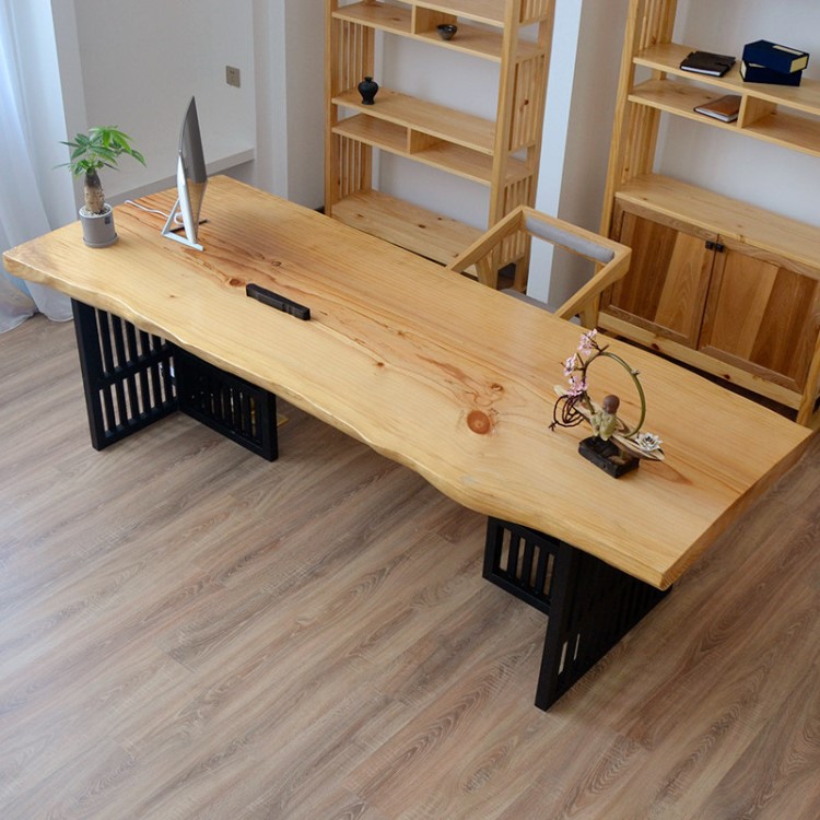 办公室原木长条办公桌中式实木大板桌家用书房简易不规则写字台