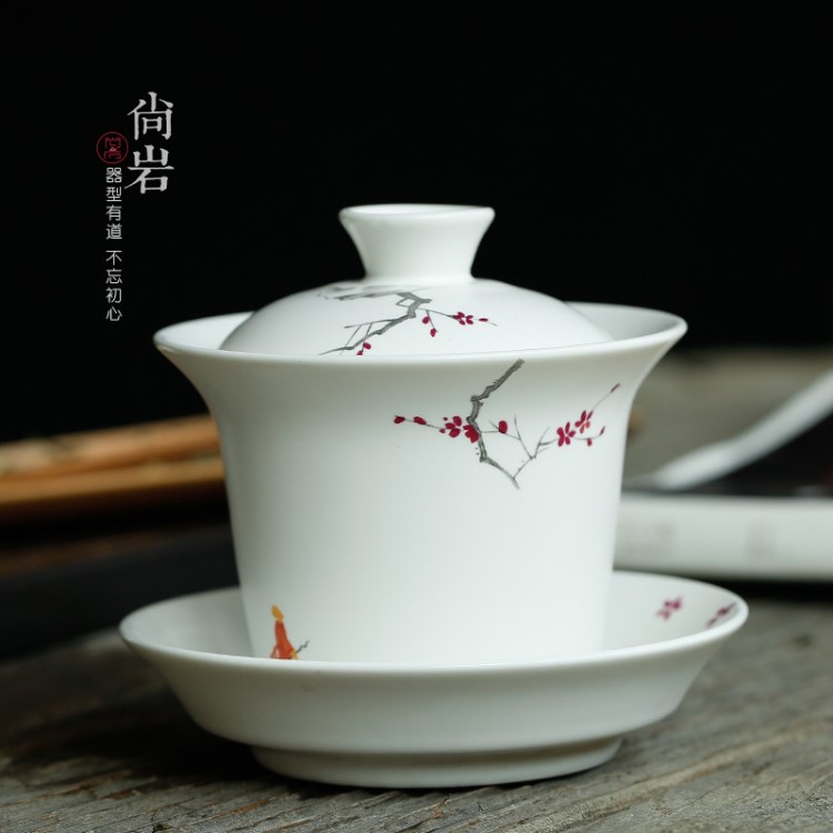 尚巖陶瓷蓋碗茶杯大號無光脂白三才碗泡茶器功夫茶具茶碗批發定制