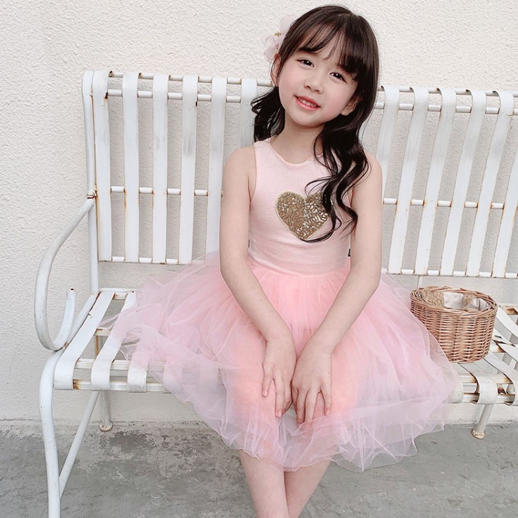 廠家直銷女童連衣裙夏2019新款童裝無袖愛心棉蓬蓬裙背心公主裙