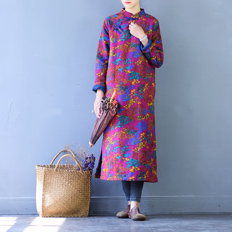 秋冬新款印花斜襟盤扣改良旗袍 原創(chuàng)棉麻女裝 夾棉保暖連衣裙S496
