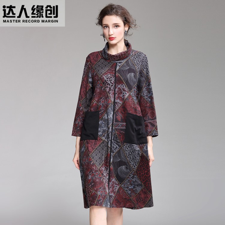 2019秋冬季新款國風(fēng)復(fù)古印花大碼女裝裙子 高領(lǐng)長袖中長款連衣裙