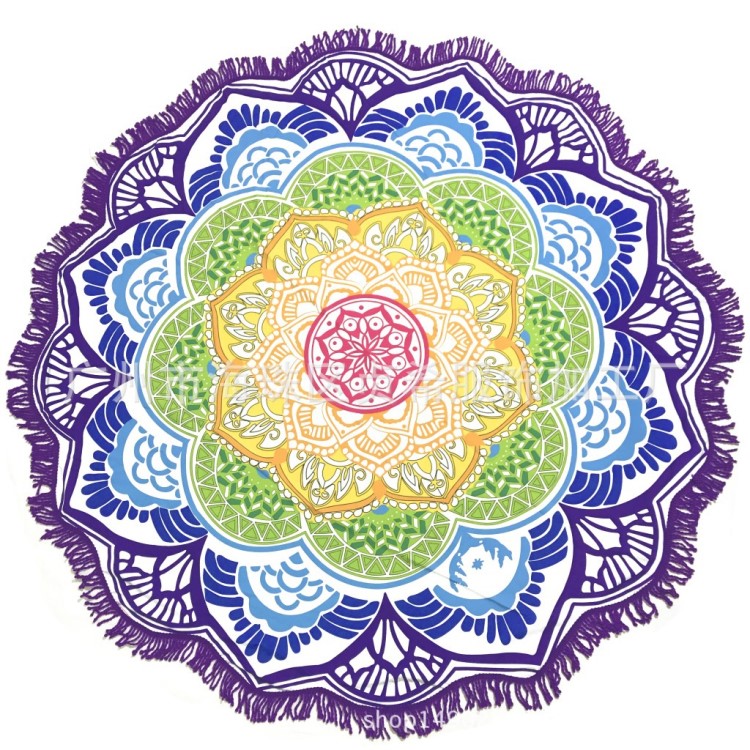 多邊形印花流蘇圓形浴巾瑜伽墊蓮花七彩沙灘巾毯子防曬披肩廠家
