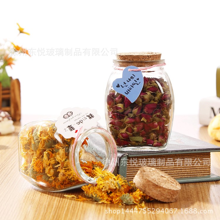 玻璃花茶瓶 廠家直銷300ml含木塞茶葉罐 花茶瓶子 軟木塞春茶瓶