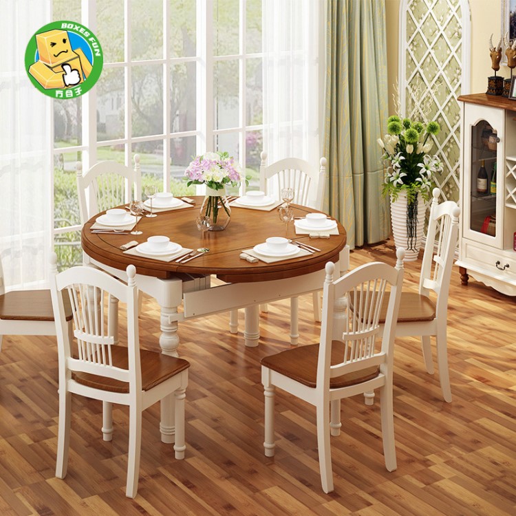 美式圓桌實木餐桌椅組合可折疊風(fēng)格地中海伸縮6人飯桌餐廳家具