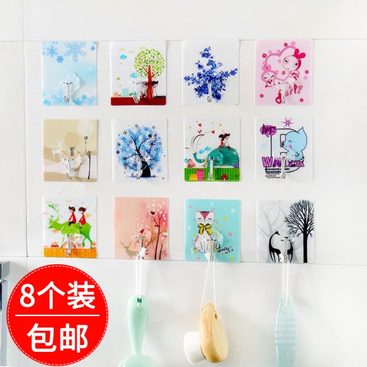 8個袋裝卡通可愛圖案無痕掛鉤 江湖地攤禮品贈品塑料513強力粘鉤