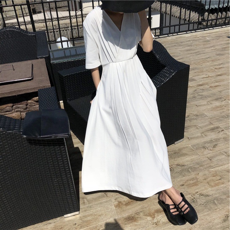 連衣裙女2019新款夏裝雪紡流行v領長款顯瘦氣質短袖修身夏天裙子