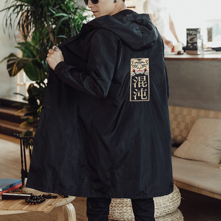 亞馬遜速賣通wish外貿(mào)秋季新款中國(guó)風(fēng)刺繡盤扣中長(zhǎng)款連帽男士風(fēng)衣