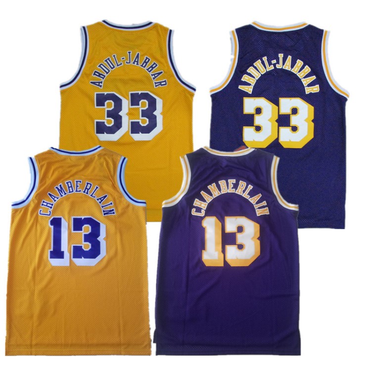 Lakers 湖人球衣 #33 賈巴爾 13張伯倫 復(fù)古網(wǎng)眼黃紫刺繡球衣外貿(mào)