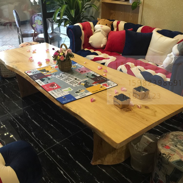 原木大板餐桌書桌會議桌老板桌歐式實(shí)木茶餐桌自然邊松木板大班臺