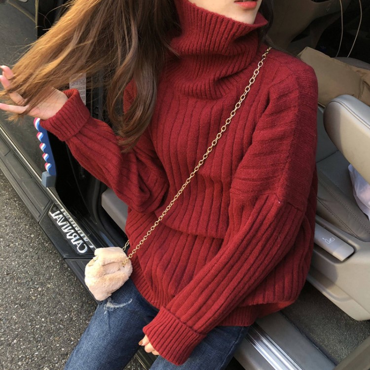 691很仙的網(wǎng)紅套頭慵懶風(fēng)圣誕節(jié)洋氣上衣超火高領(lǐng)紅色毛衣女學(xué)生