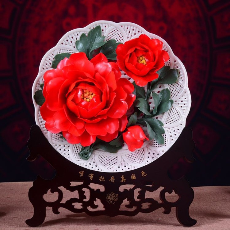 16寸洛阳牡丹瓷花盘摆件瓷器挂盘瓷结婚乔迁商务礼品家居工艺装饰