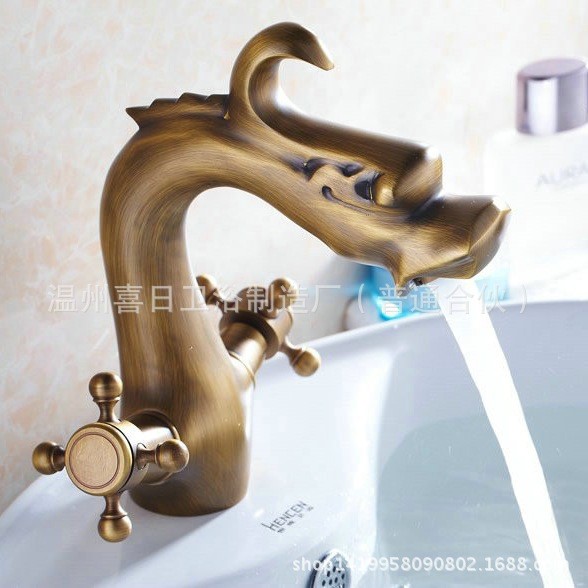 直銷雕刻中國(guó)龍頭仿古水龍頭 品質(zhì)黃銅面盆冷熱水龍頭雙螺旋把手