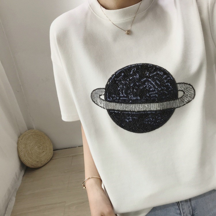 珠片刺繡星球圖案加厚磨毛短袖T恤女2019春裝新款寬松顯瘦打底衫