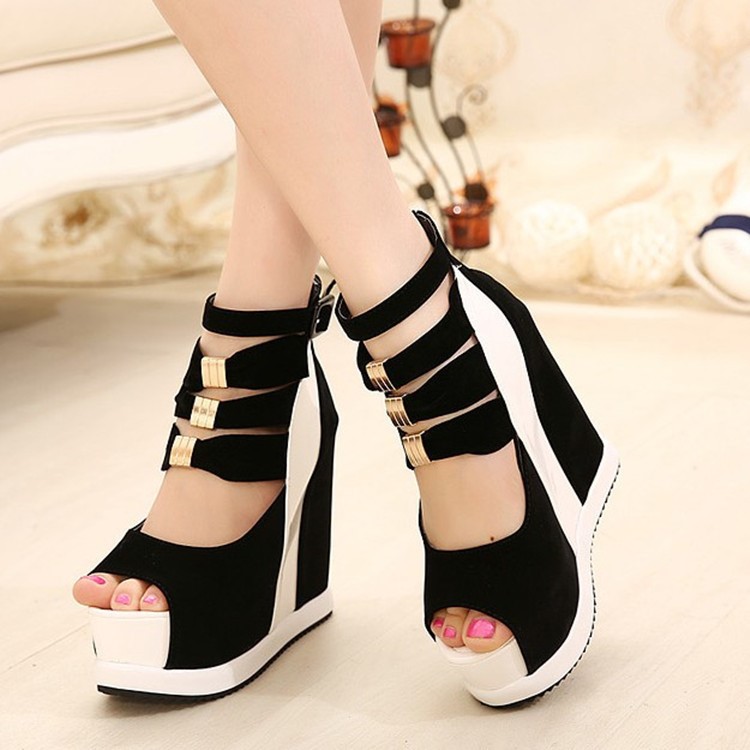 欧美夏季新款厚底鞋松糕坡跟女鞋超高跟鱼嘴鞋34码女士凉鞋