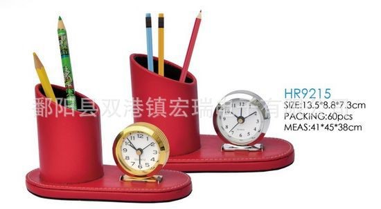 供應精品筆筒 定制金屬鐘頭皮革筆筒鐘  辦公桌面皮革金屬筆筒鐘