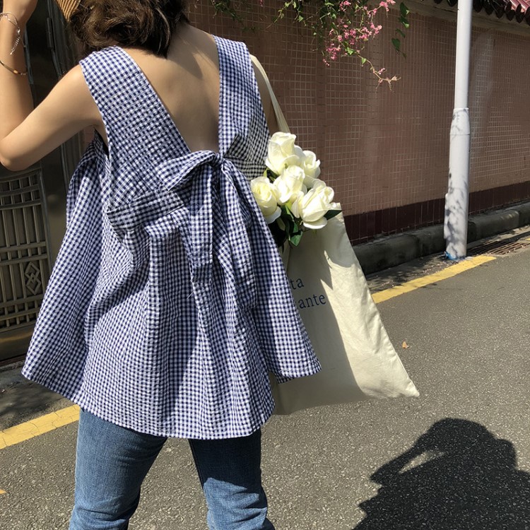 實拍韓國夏季新款 背后綁帶蝴蝶結吊帶背心格子上衣女