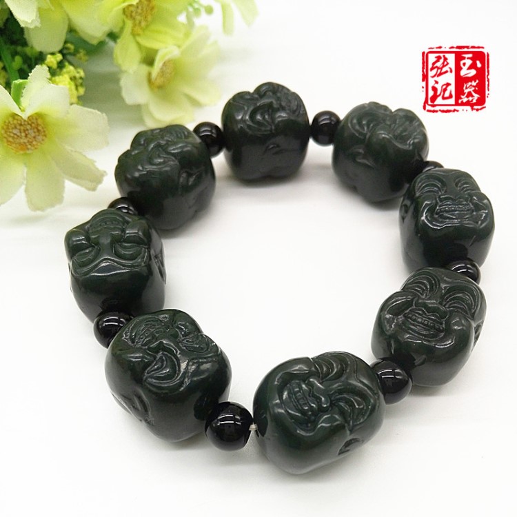 和田玉青玉雙面佛頭手鏈 佛頭念珠手串