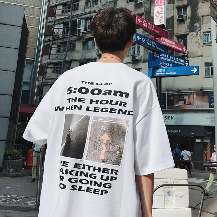 夏季潮牌ins超火的短袖t恤男寬松港風半袖嘻哈五分袖衣服男