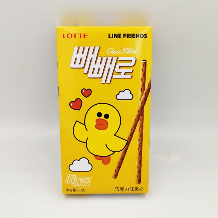 韩国零食品乐天巧克力注心棒黄棒夹心派派乐巧克力棒50g