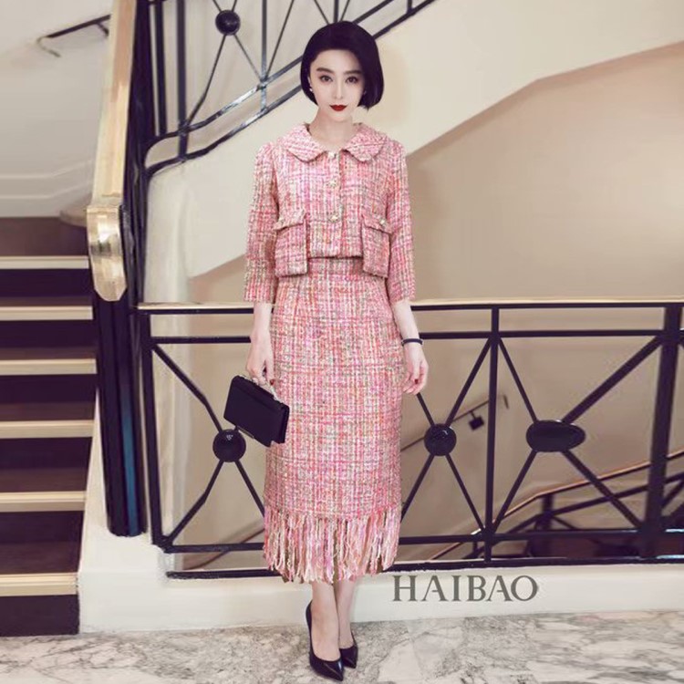 歐美風(fēng)19秋冬季女裝 范冰冰VS劉燁同款粗呢短款外套+高腰半裙套裝