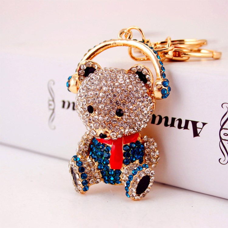 創(chuàng)意工藝小禮品可愛(ài)鑲鉆戴耳機(jī)的小熊汽車鑰匙扣女包配飾金屬掛件