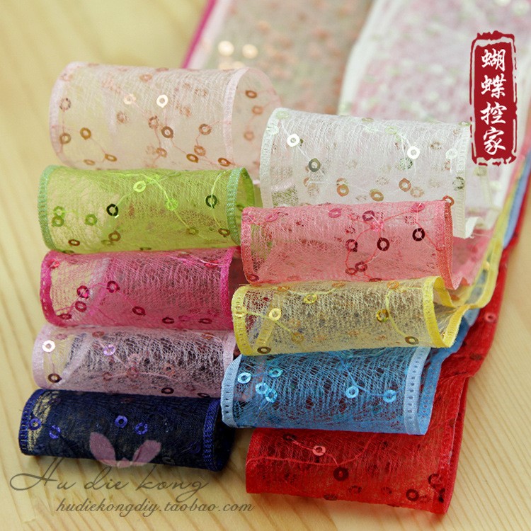 4cm閃光亮片網紗帶韓紗絲帶手工diy發飾材料小飾品配件雪紗帶批發