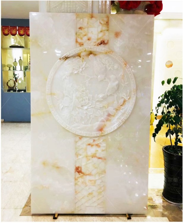 新中式天然玉石彩雕3d立體浮雕客廳過道 玄關沙發背景墻花開富貴