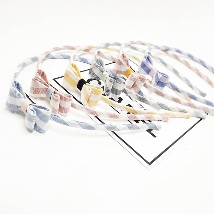 新款甜美蝴蝶結發箍女全包布藝方格發卡雙層蝴蝶結發飾一件批發