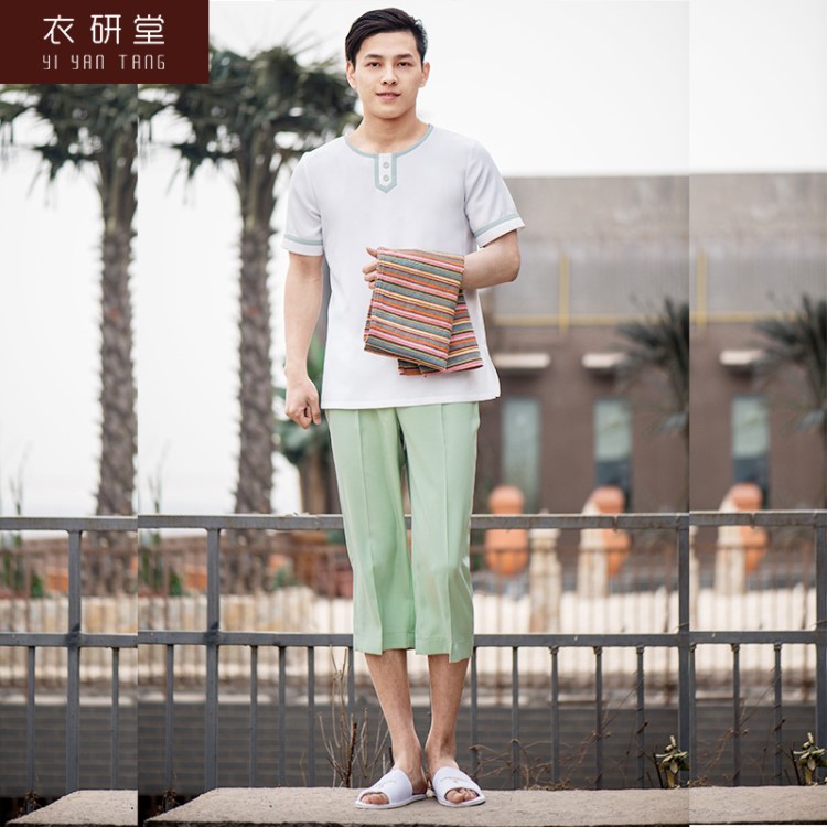 衣研堂汗蒸服洗浴養(yǎng)生館工作服浴服足療技師工作服中式套裝短袖男