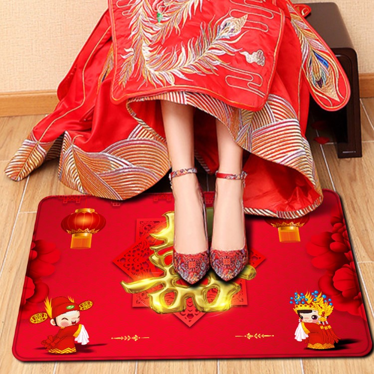 法蘭絨家用婚慶紅色地毯喜慶新年鼠年臥室門口吸水防滑腳墊定制款