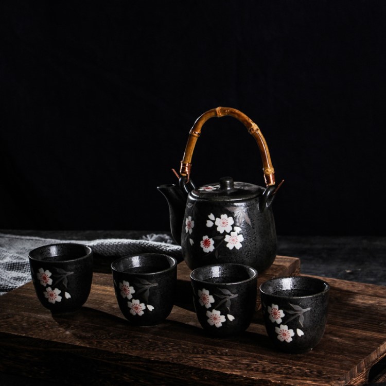 出口日韓手繪釉下彩陶瓷茶具 提梁茶壺 茶杯 泡花茶茶樓茶具