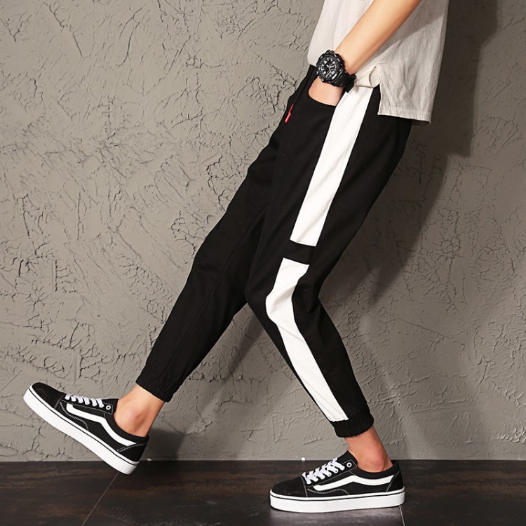 秋冬季運動休閑褲男士修身條紋束腳褲青少年學(xué)生韓版九分小腳褲子