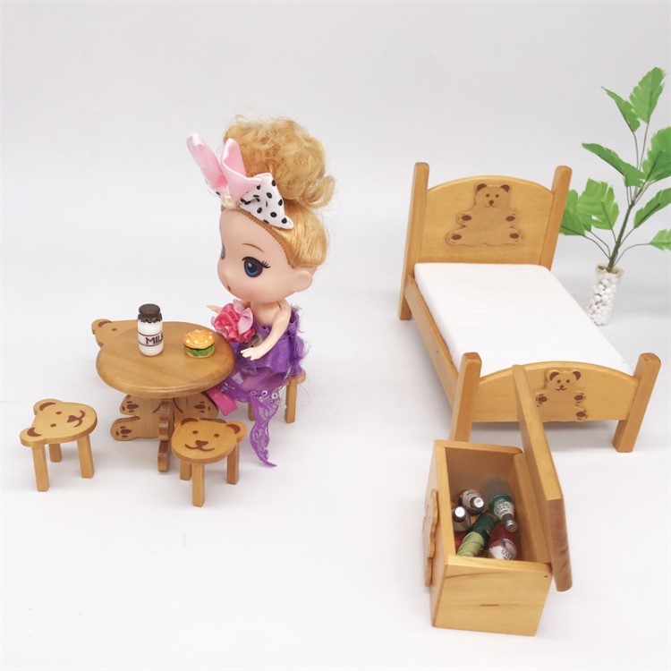 1:12迷你娃娃屋dollhouse袖珍兒童臥室小熊床桌子凳子玩具箱套裝