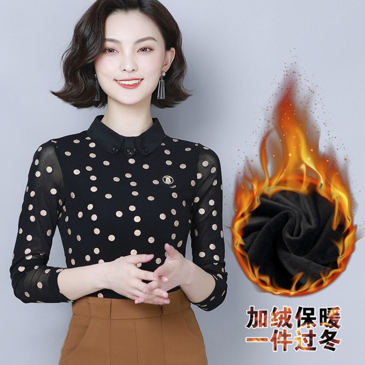 2019秋冬季新款時尚印花亮絲網(wǎng)紗加絨加厚娃娃領(lǐng)百搭長袖女打底衫