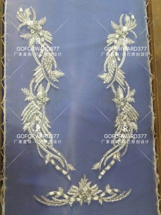 高端定制印度絲婚紗禮服手工刺繡網(wǎng)紗鉆繡封腰禮服水鉆領(lǐng)花胸花貼