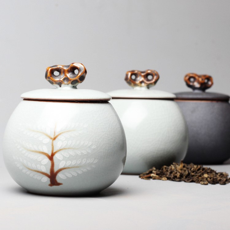 汝窯陶瓷中小號茶葉罐普洱金坨儲物罐散茶干果密封罐復古創意茶倉