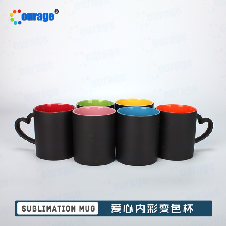 心形手把內(nèi)彩杯變色馬克杯定制 心行手柄陶瓷杯 愛心手把馬克杯