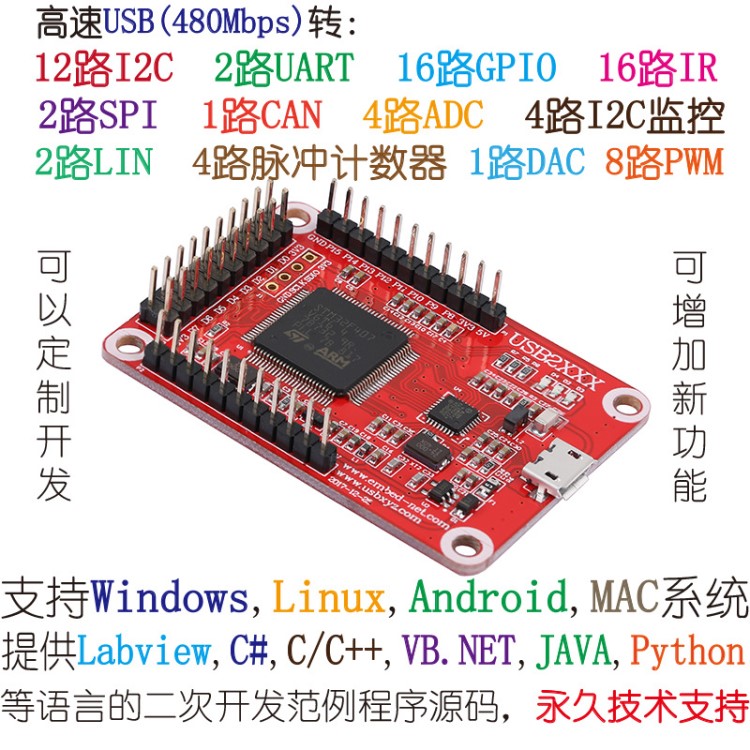 高速USB轉(zhuǎn)SPI I2C PWM ADC GPIO UART CAN LIN適配器，監(jiān)控分析儀
