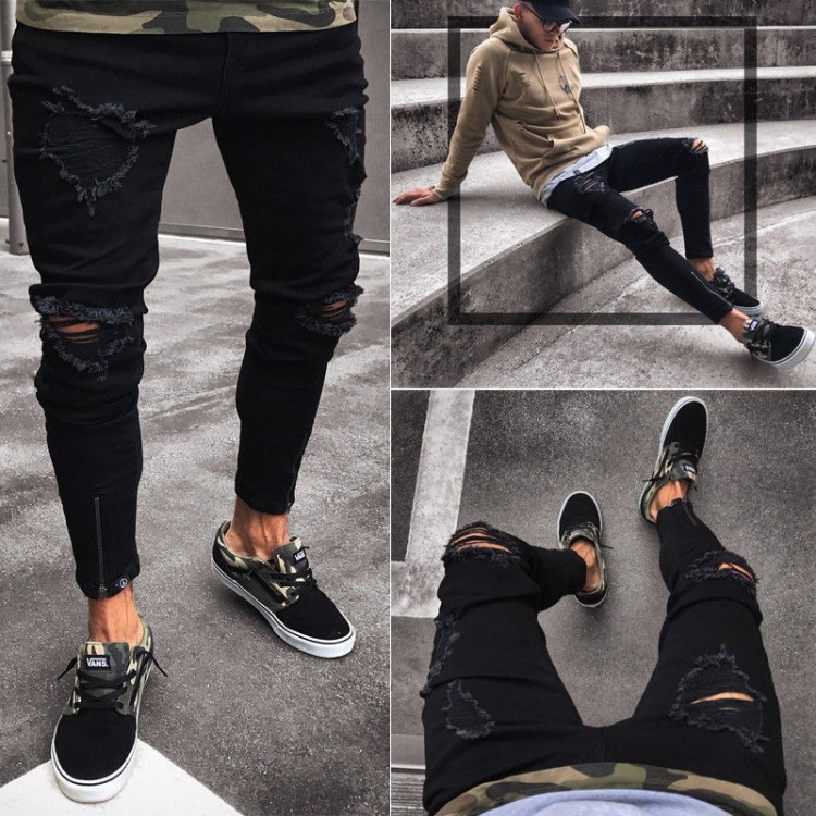 hi street men jeans black street elastic pants