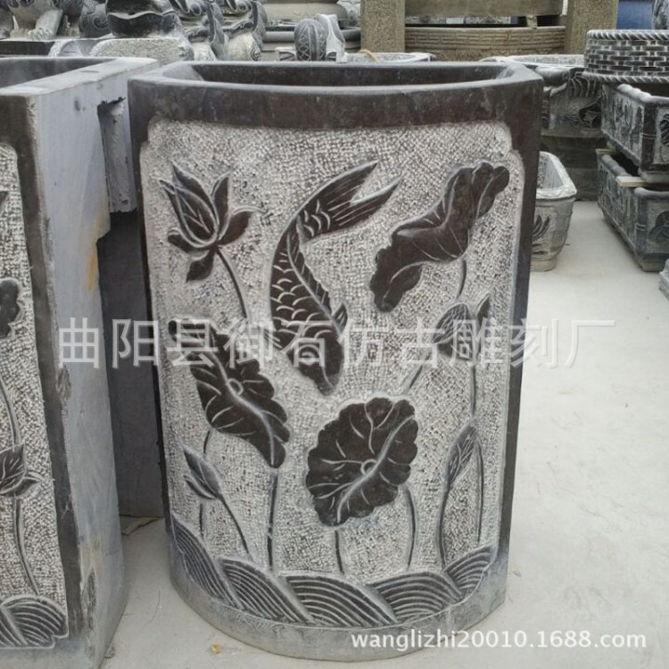 曲陽石雕廠家供應 仿古青石鯉魚荷花洗手盆 仿古青石石雕