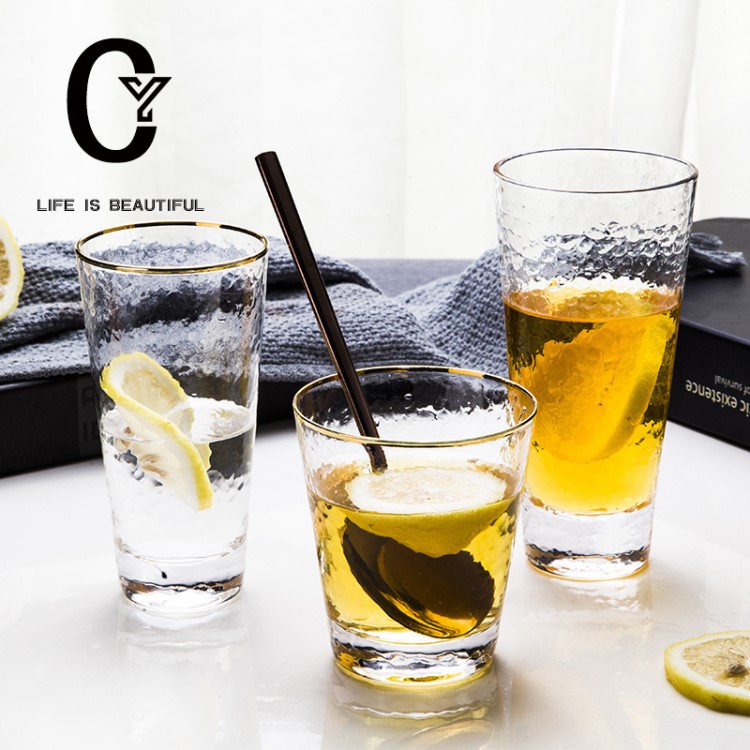 日式創(chuàng)意透明水晶玻璃金邊錘紋綠茶杯家居日用隨手果汁飲料杯定制