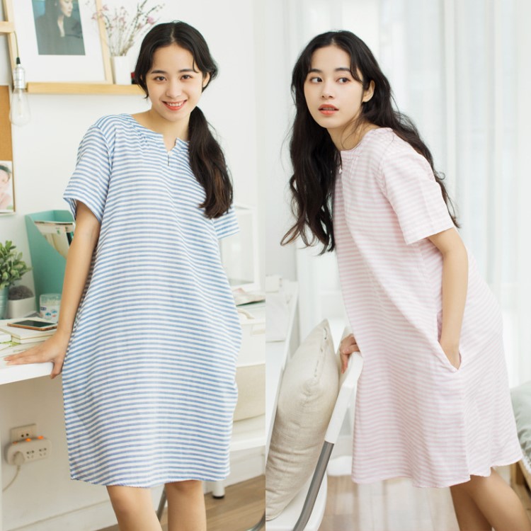 簡約日系春夏女棉短袖睡裙中裙雙層紗布睡衣家居服