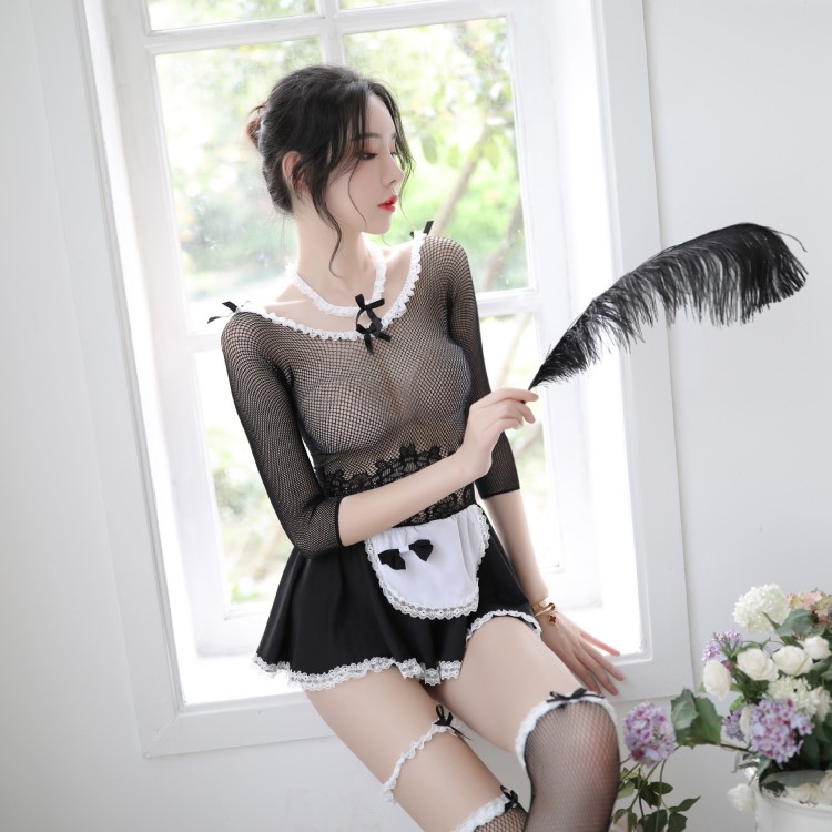 越蝶女式性感情趣內衣長袖女仆一件代發制服誘惑連襪睡衣套裝8706
