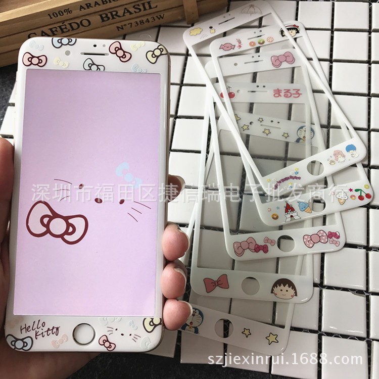 卡通鋼化膜適用iphone7蝴蝶領結浮雕玻璃8代小丸子軟邊蘋果6s保護