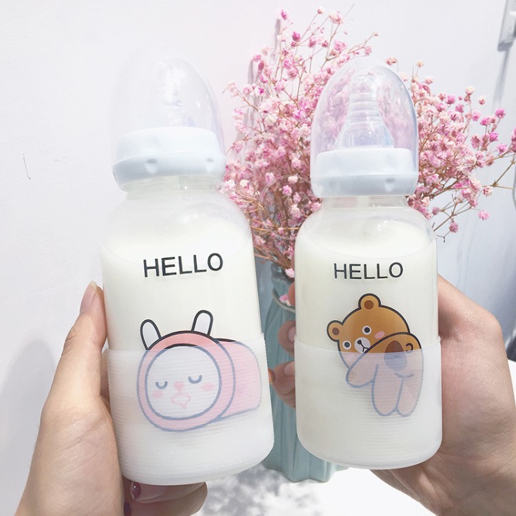 創(chuàng)意個(gè)性成人奶瓶時(shí)尚卡通玻璃杯學(xué)生水杯可愛吸管杯便攜果汁水瓶
