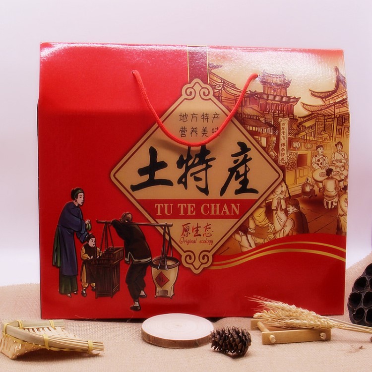 創(chuàng)意款土特產(chǎn)禮品盒訂做 年貨送禮包裝盒 牛皮紙手提袋定制印logo