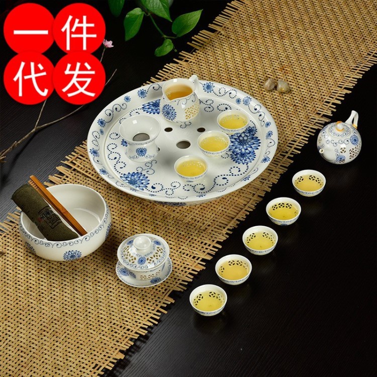 大號鏤空青花玲瓏日式功夫茶具圓形白色陶瓷茶盤整套歐式茶具套裝